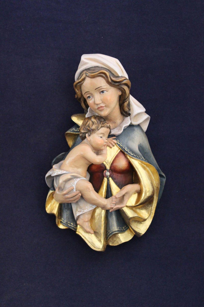 Scultura intagliata in legno Madonna con bambino