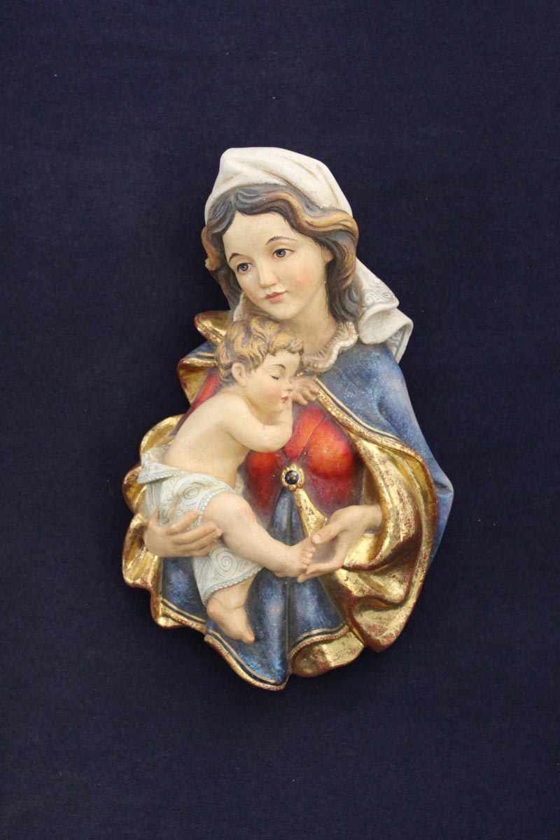Scultura intagliata in legno Madonna con bambino